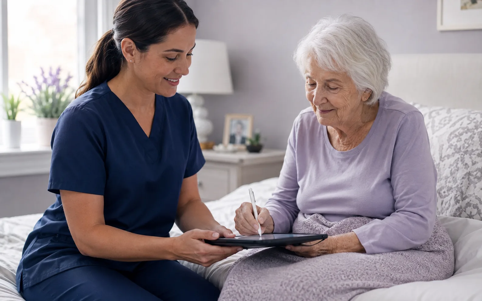 A home-health nurse capturing a patient's signature on a tablet at the bedside.