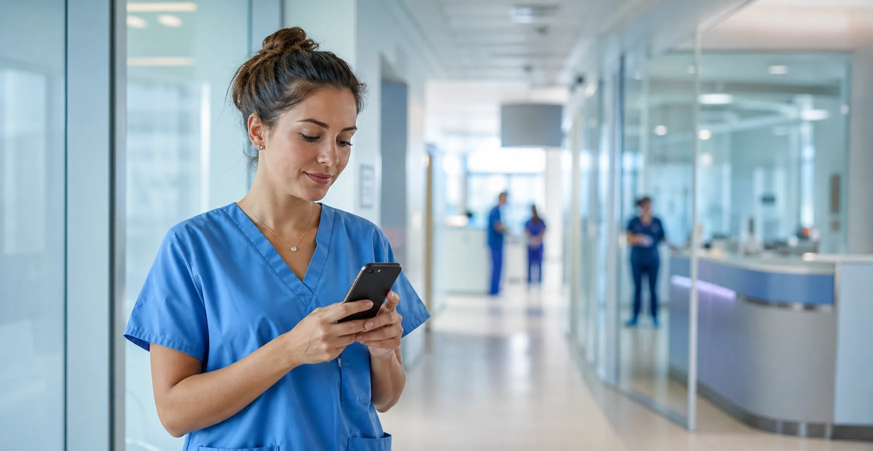 A clinician reviewing available work on a phone.