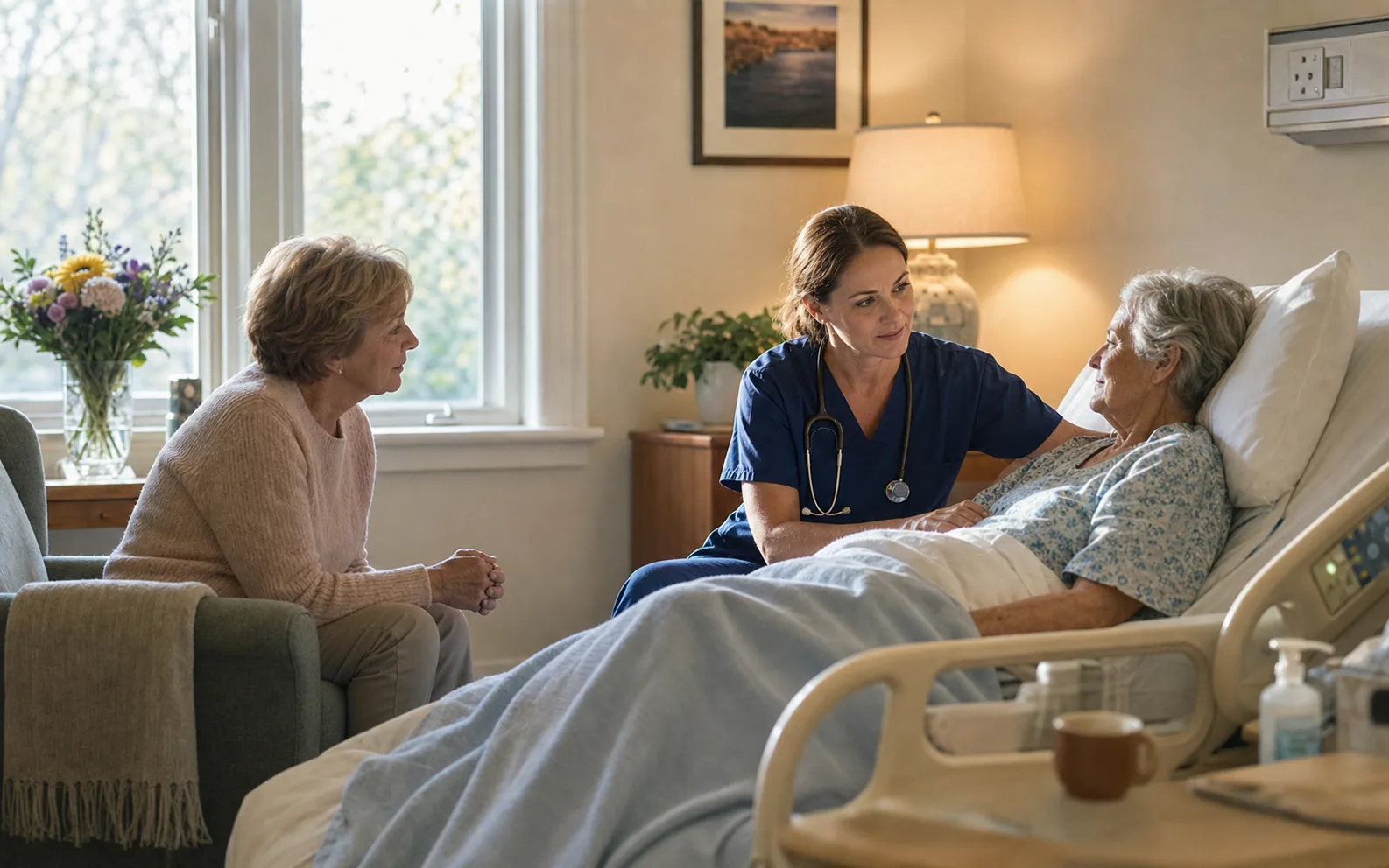 A clinician supporting a patient and family in a warm hospice room.