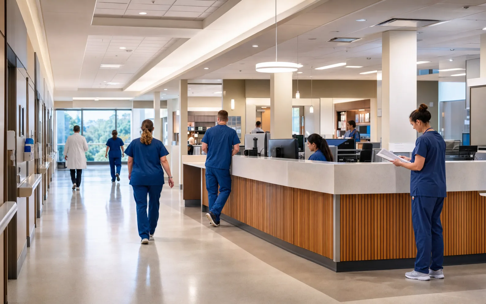 Nurses and staff moving through a bright hospital corridor.