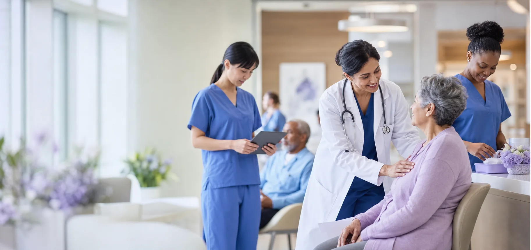 Clinicians tending to patients in a calm healthcare setting