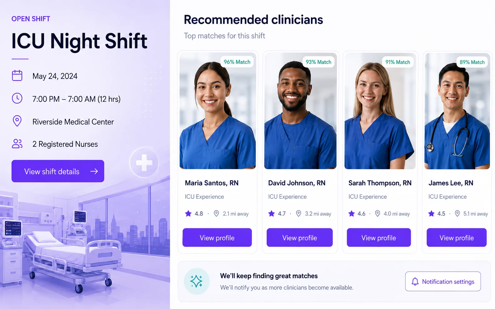 Open ICU night shift with a ranked list of recommended clinicians and match scores.